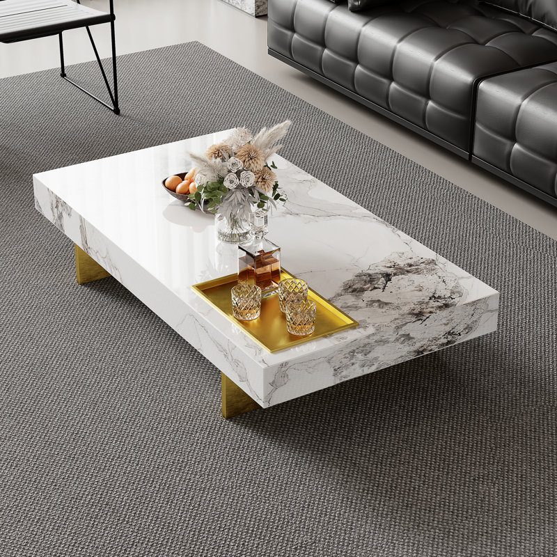 Modern Faux Marble Coffee Table with Gold Metal Legs - 51.2" Rectangular Contemporary Living Room Center Table, Stylish Elegant Home Decor Furniture