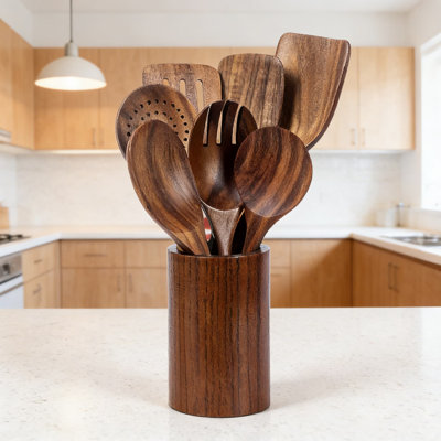 9-Piece Teak Wood Cooking Utensils Set With Holder, Spoon Rest & Hooks - Premium Natural Wooden Kitchen Tools For Nonstick Pans, Durable And Non-Scratch