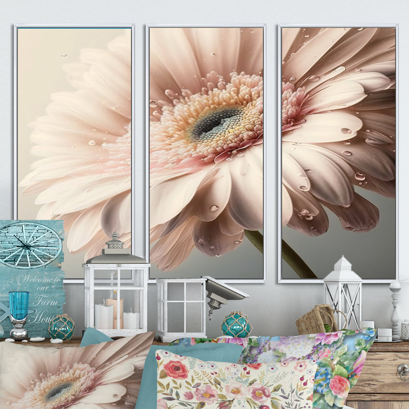 «Pink Gerbera Flowers I», reproduction sur toile 3 pièces, L 48 po x H 32 po, Cadre blanc