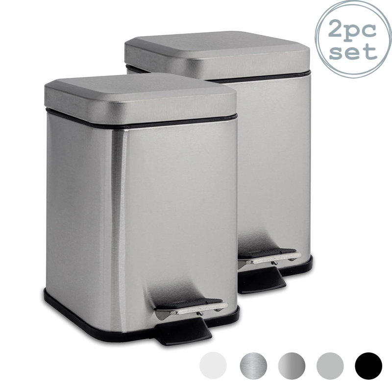 Harbour Housewares - 3L Square Bathroom Pedal Bins - 2x Stainless Steel Rubbish Dustbins, Brushed