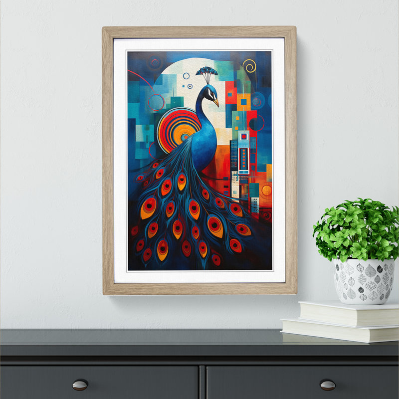 Peacock Constructivism No.2 - Single Picture Frame Print on Wood, Oak Framed, 34cm H x 25cm W