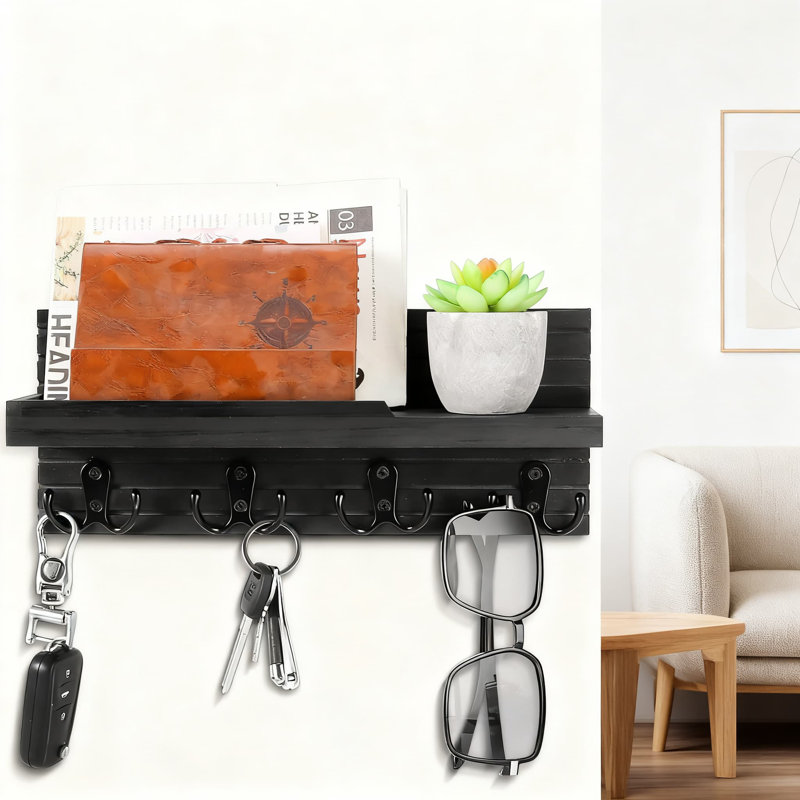 Porte-clés mural avec 4 crochets doubles et tablette de rangement, organisateur d'entrée en bois naturel pour les clés, le courrier et les articles essentiels, installation facile pour le couloir, la cuisine ou le bureau