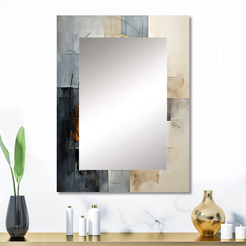 Gold Grey Gleaming Geometry VI - Abstract Collages Decorative Mirror, Gold Wall Mirror, Printed Metal Art, 32" x 24"