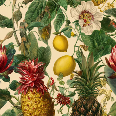 Peel and Stick Wallpaper Vintage Botanical Pineapple Banana Flower Lemons Tropical Foliage Contact Paper Removable Self Adhesive Wall Mural Wall Decor for Bedroom Kitchen Cabinets 24in x 118in