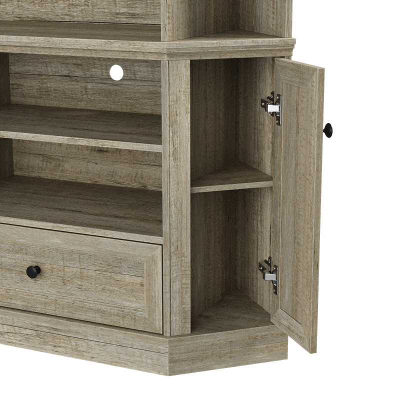 Meuble télé d'angle 66,9 po avec rehausse et tablettes réglables, centre multimédia hexagonal pour petits espaces, finition chêne vieilli