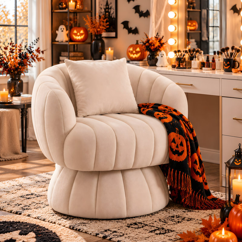 Upholstered Swivel Accent Chair Barrel Chair with Pillow, Beige Velvet