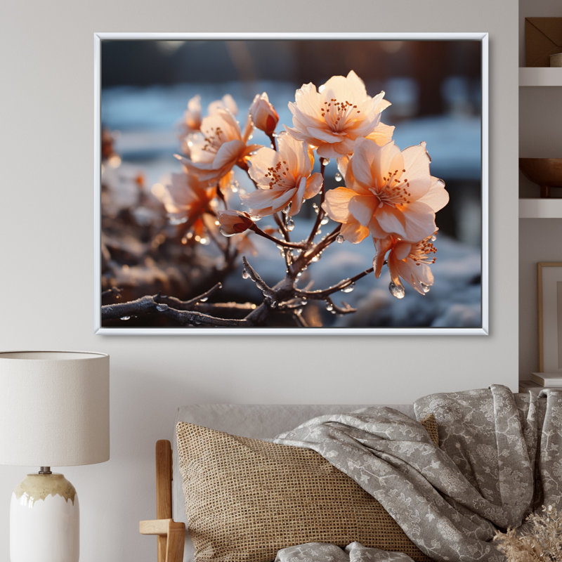"Breyelle Winter Landscape Frozen Blossoms III", reproduction d'art sur toile, 34" H x 44" W, Cadre flottant blanc