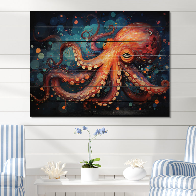 Octopus Expressionist Abyss I - Octopus / calmar, art sur bois de pin naturel, H 24 po x l 32 po