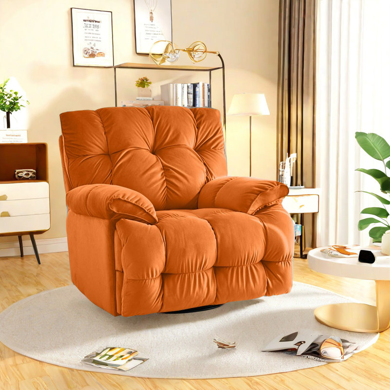 Casual Carbon Steel Frame Recliner With High Elast Swivel Recliner, Orange Polyester Blend