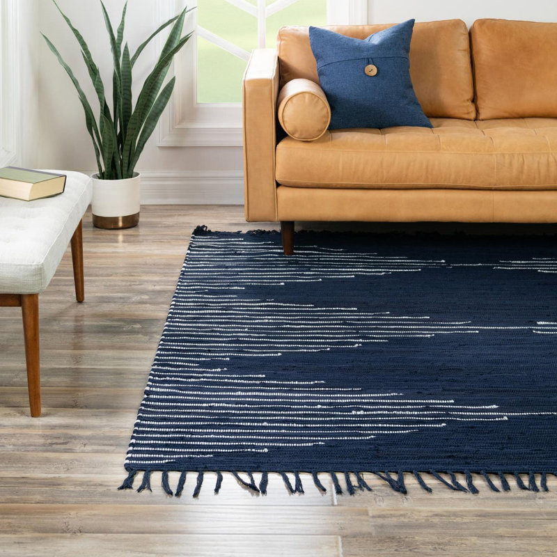 Tapis bleu marine en coton tissé à plat à la main Jordee, Carré 7 pi 1 po