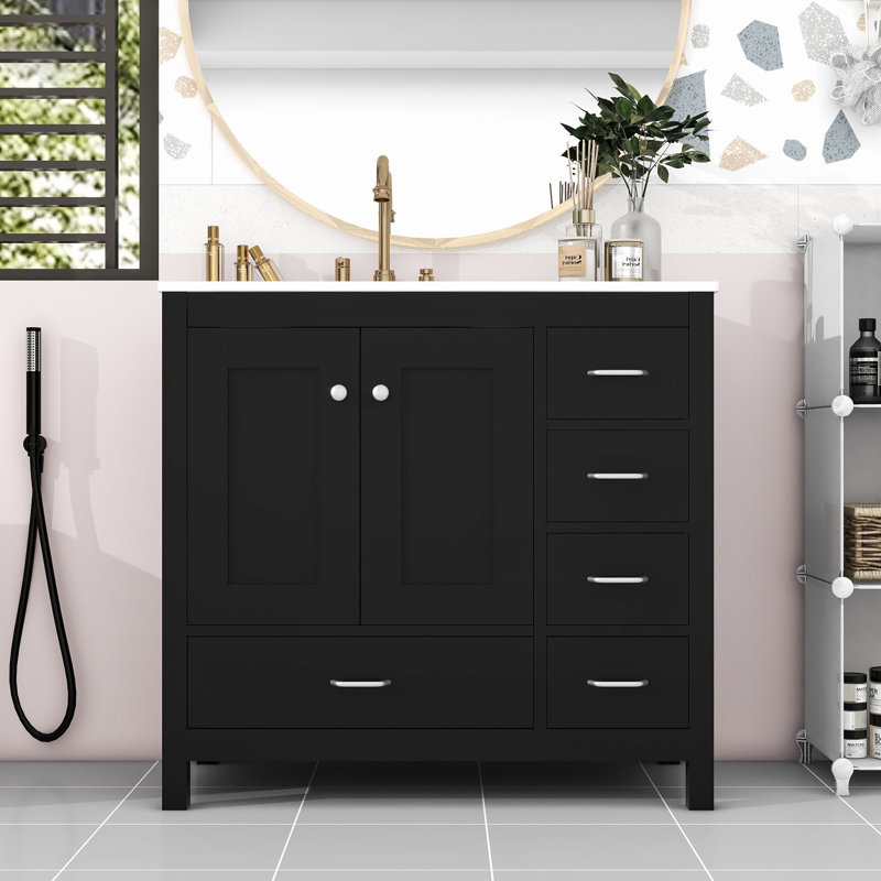 Ensemble de meuble-lavabo 36 po avec lavabo en céramique, 2 portes à fermeture douce et 5 tiroirs, Noir