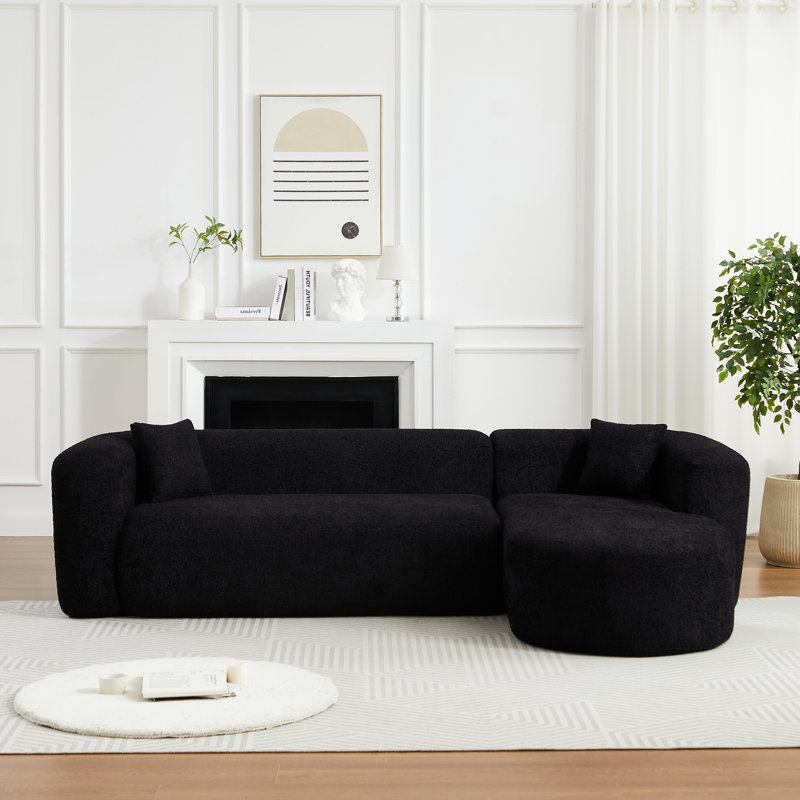 Canapé modulaire de luxe à dossier incurvé de 109,4 po, deux coussins décoratifs en tissu de chenille, canapé-lit minimaliste confortable en forme de L pour la salle de séjour (méridienne noire)