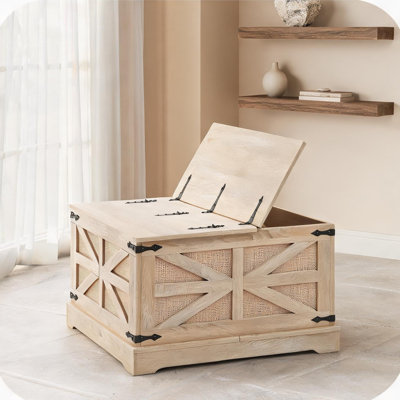 Table basse rectangulaire en rotin avec rangement relevable, conception tissée bohème, petits espaces de salon