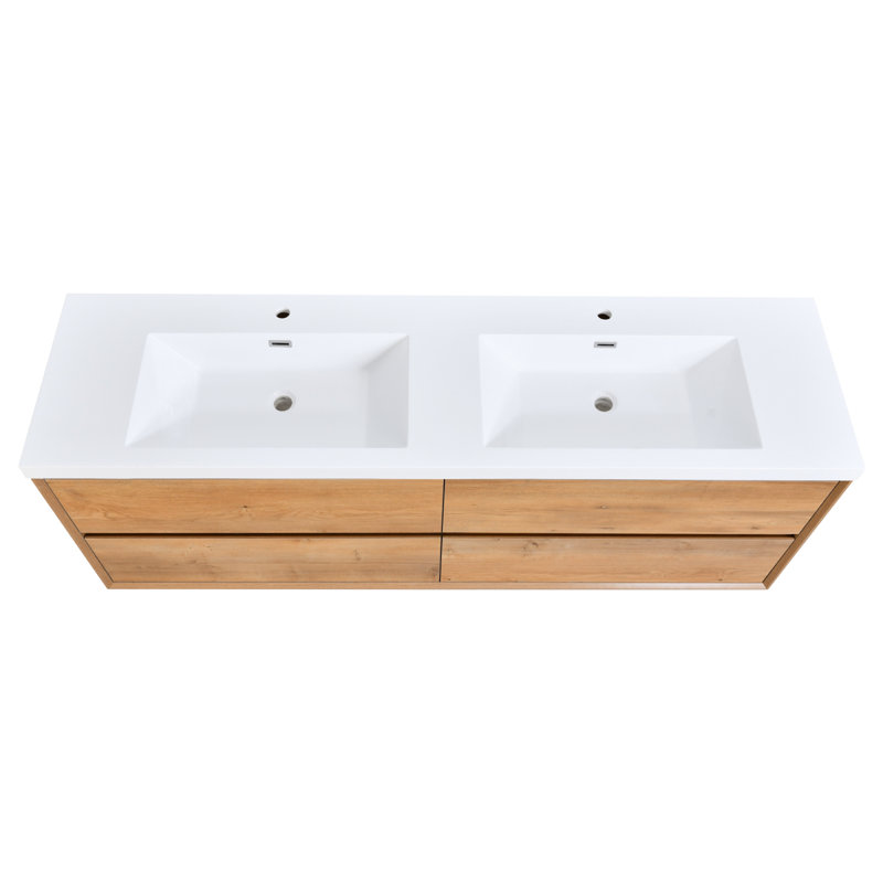 Grand meuble-lavabo moderne avec lavabo, finition chêne doré