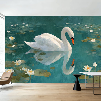 Papier peint adhésif pelez et collez, lilas, bleu, esthétique florale, cygne blanc, surface de l'eau, peintures murales murales amovibles en PVC, H 100 po x l 144 po, adhésif mural pour salon, chambre, bureau à domicile