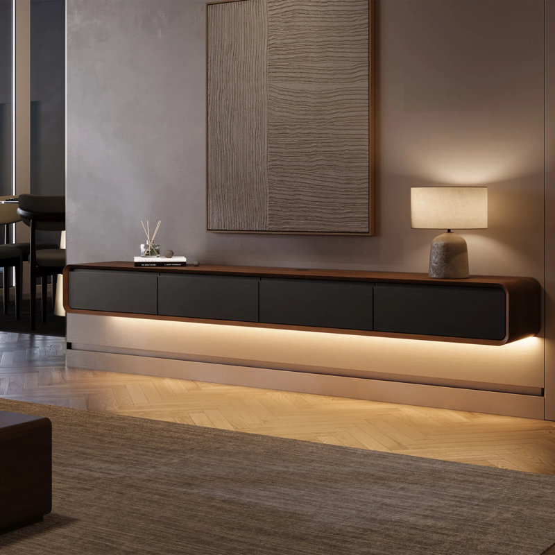 Floating TV Stand, Entertainment Center With LED Light, Solid Wood, Fully-Assembled, 9.84" H x 94.48" L x 14.57" W