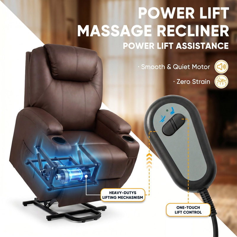 Ensemble de 2 fauteuils inclinables à massage électrique en polyester et métal, Cuir brun