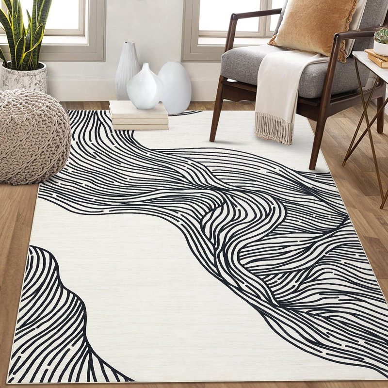 Modern Abstract Machine Washable Rug for Living Room Non-Slip Low Pile Accent Rug Indoor Soft Faux Wool Bedroom Rug Contemporary Rugs for Dining Room Nursery Home Office Playroom