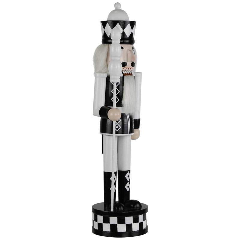 Figurine de Noël à carreaux casse-noisette avec sceptre 15 po - noir et blanc