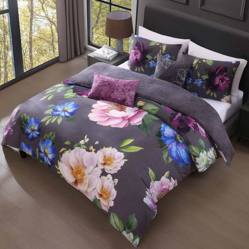 Bebejan Elegant Blossoms 100% Cotton Sateen 5 Piece Reversible Comforter Set, King Comforter + 4 Additional Pieces