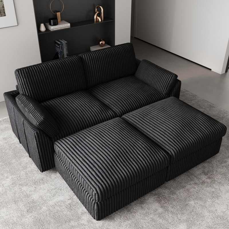 Wide Short Plush Soft Modular Sofa Bed Apartment Sofa With Detachable Cushion Cover, Black Corduroy