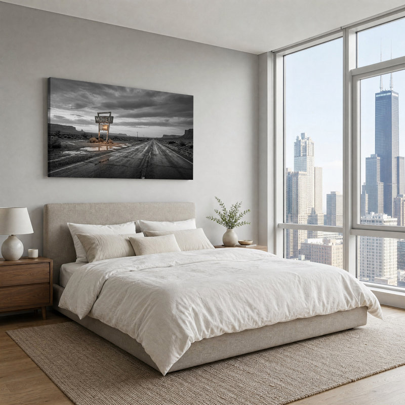 Panneau de motel noir et blanc sur une route désertique - Toile murale, 58“W x 28”H