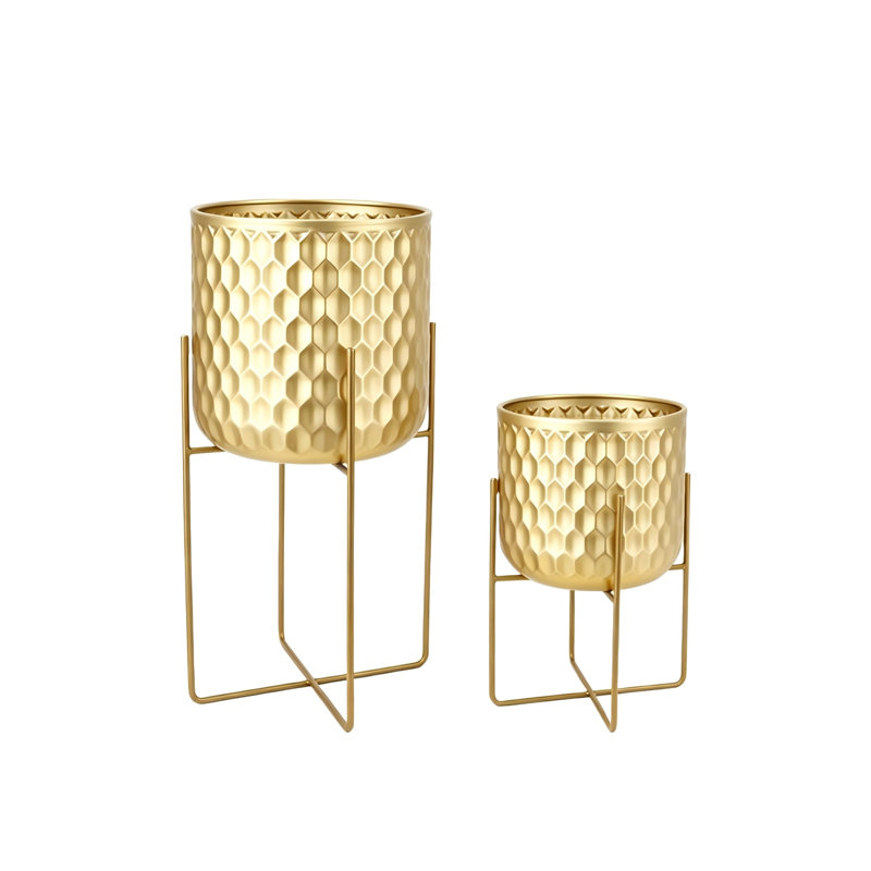 Set of 2 Gold Metal Planters with Stands for Living Room
