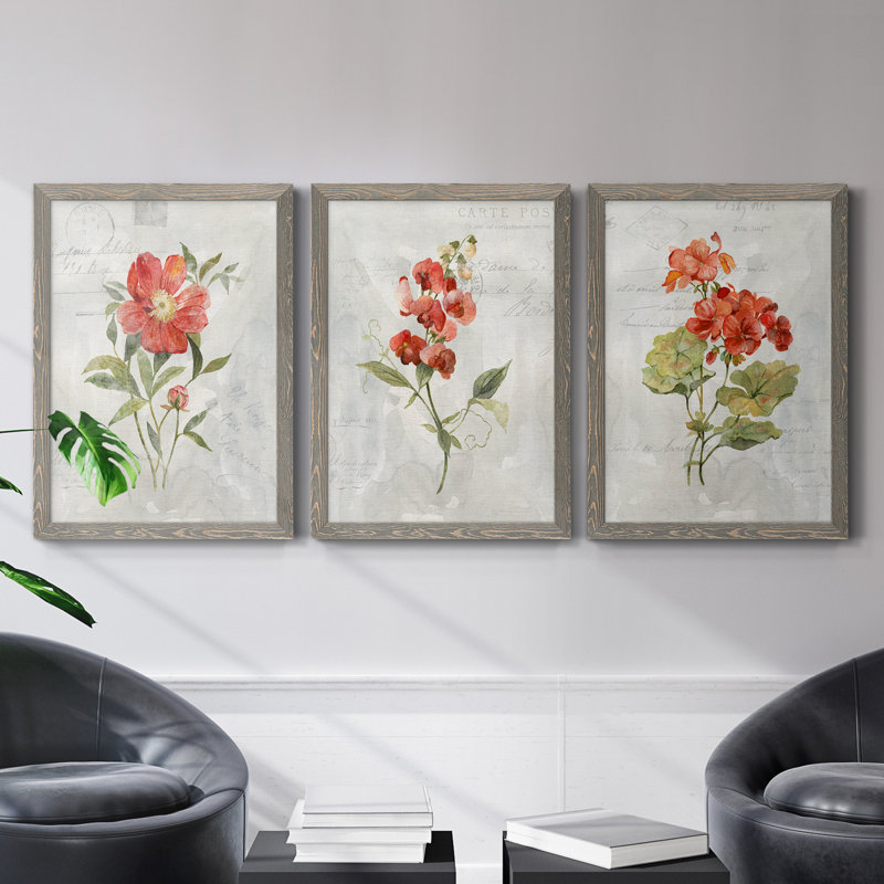 Lin géranium - ensemble de 3 impressions sur toile encadrées, H 20 po x l 51 po x P 1,5 po, gris