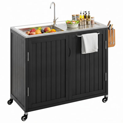 Outdoor Kitchen Sink Cabinet with 304 Stainless Steel Worktop & Sink, Solid Wood Storage Cabinet with Lockable Casters, 40" Mobile BBQ Prep Station for Patio, Garden & Backyard