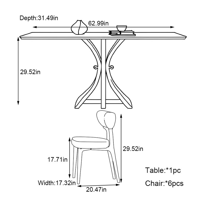 Ensemble de table de salle à manger rectangulaire haut de gamme noir, H 29,52 po x L 62,99 po x l 31,49 po