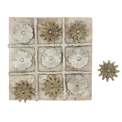 Marble Base Tic Tac Toe Tabletop Decor Set Cast Aluminum Gold And Silver Floral Game Pieces Glam Decorative Accent For Coffee Table Office Display 9 Inch