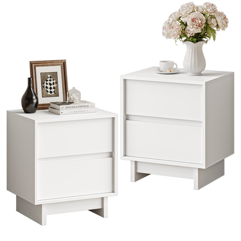 Delano Modern Side Table With 2 Drawers, End Table With Round Legs For Living Room, Bedroom, White