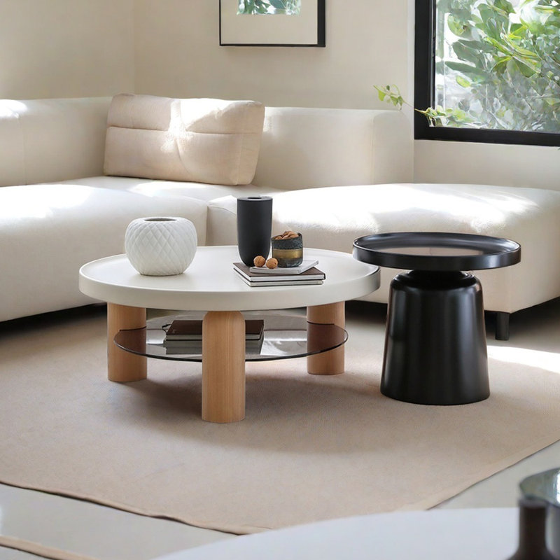 Table basse de style crème avec pieds en bois de frêne, Noir / Burlywood, Noir / blanc