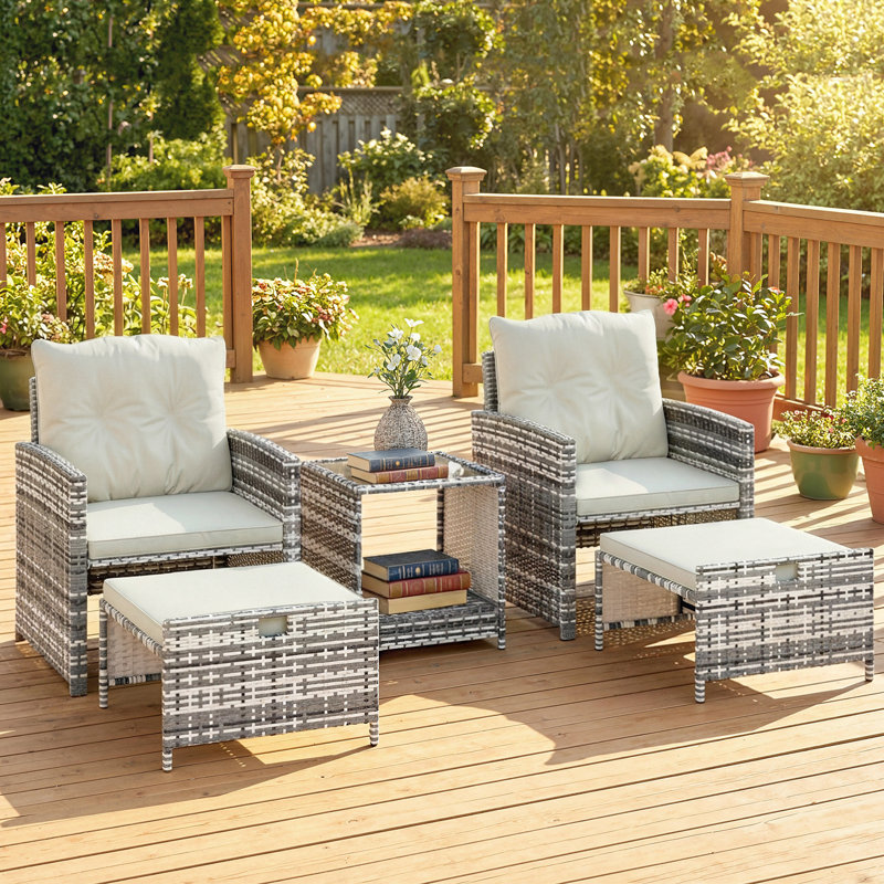 Ensemble de meubles de patio 5 pièces avec coussins repose-pieds, gris / crème, Crème