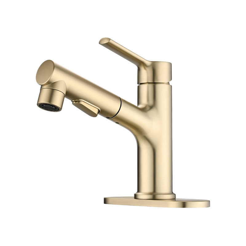 Stainless Steel Bathroom Faucet - Brushed Gold Pull Out , Pop-Up Drain Stopper & Deck Plate Included Modern Basin Tap With And