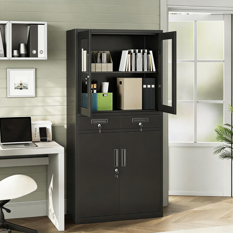 Armoire de rangement métallique verrouillable avec portes vitrées – 2 tiroirs, 2 étagères réglables – Système de rangement sécurisé pour clés et dossiers – Acier robuste pour la maison, le bureau, l'école, le garage – Noir
