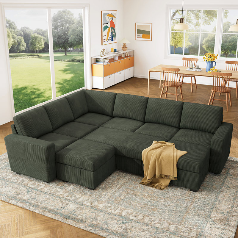 Abramson Upholstered Sleeper Sectional Sofa Bed With Ottoman   , Green Corduroy