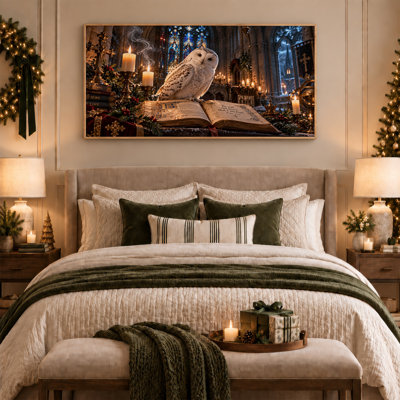 «Snowy Owl on Open Bible in Candlelit Cathedral», art mural sur toile