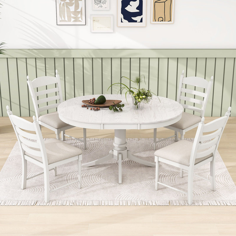 Gracelinn 5 - Piece Pedestal Dining Set, Wood Round Extendable Dining Table and 4 Upholstered Chairs, Antique White