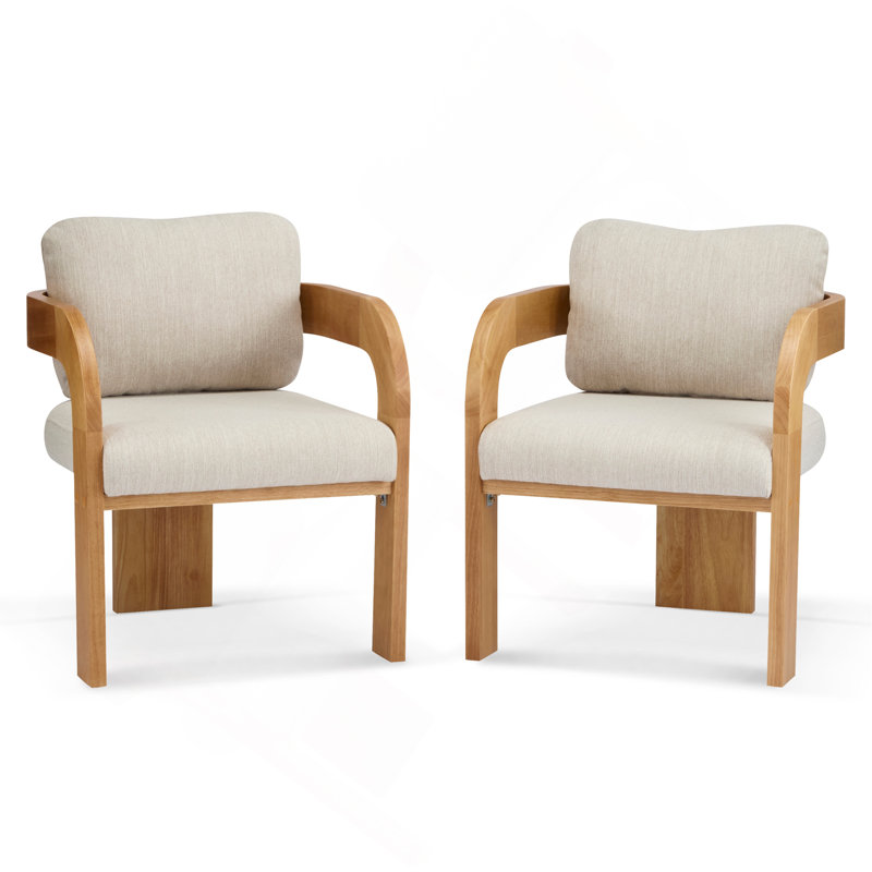 Ensemble de 2 chaises de salle à manger avec dossier coussiné, structure en bois massif, Naturel, Tissu beige