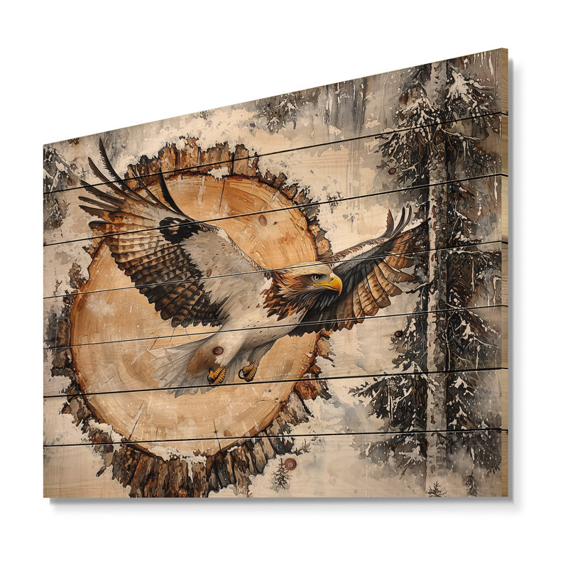 Aigle, esprit du vent dans la forêt hivernale II - aigle, art mural en bois sur bois de pin naturel, H 10 po x l 20 po