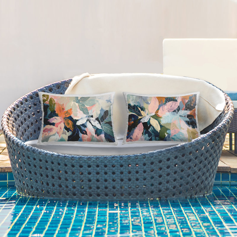 Tropical Oasis Flowers 2 Piece Outdoor Printed Pillow Set design by Elara Yasna, Orange Flowers, Rectangle 14"H x 20"W
