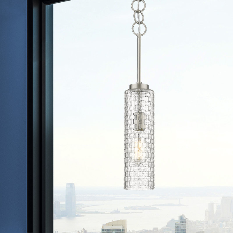 Luminaire suspendu cylindrique à 1 lumière Allisia, Nickel satiné brossé, Tissage de panier transparent