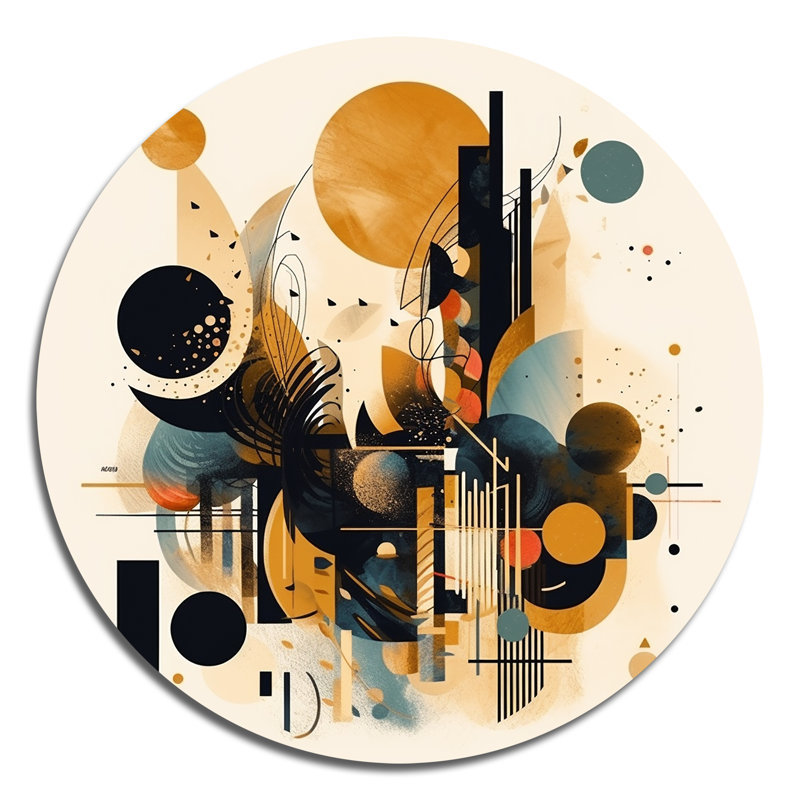 Abstractions captivantes dorées et noires I - Minimalisme abstrait, art mural rond sur métal, H 16 po x l 16 po x P 1 po