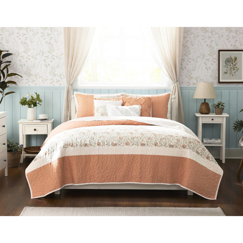 Literie corail double / grand avec courtepointe en coton 6 pièces et chenille décorative brodée, Floral corail