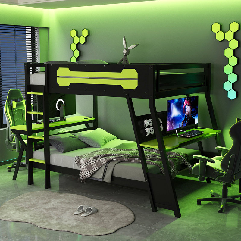 Lit superposé double avec deux bureaux de jeu intégrés, ports de bureau USB et organisateur de panneau perforé, cadre de lit de jeu pour joueur