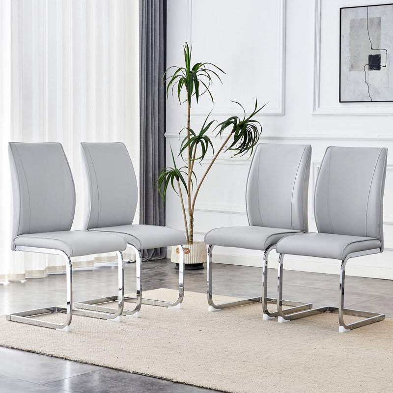  Chaises de salle à manger arquées avec polyuréthane gris clair et pieds arqués argentés, 4, Argent argent, Gris clair