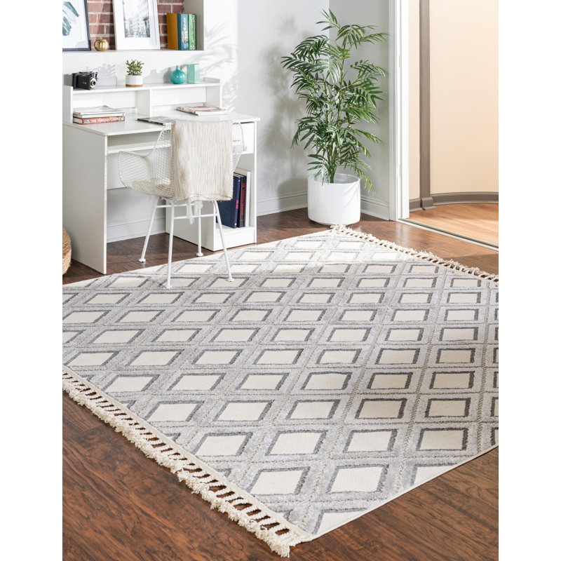 Tapis de couloir contemporain de couleur beige et gris Britnie26, Carré 9 pi 10 po