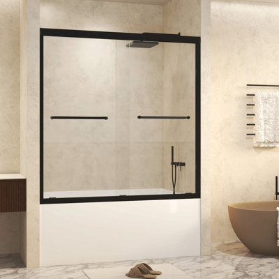 Tempered Glass With Explosion Proof Film, Aluminum Frame Double Sliding Shower Door, "1/4 (6 Mm), Stainless Steel Handle