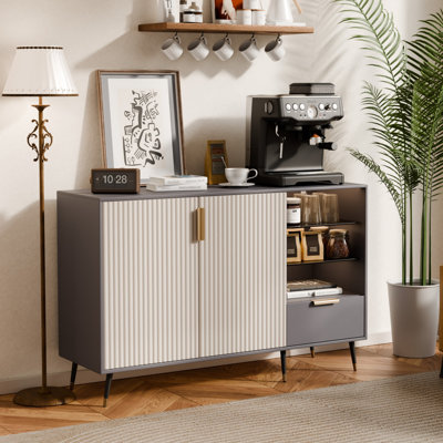 47.2" W Luxurious Wave Grade Design 2 Doors - Sideboard Cabinet with 5 Compartments and 1 Drawer, Morden Accent Buffet Storage Cabinet with Adjustable Atmosphere Lighting For Dining Room, Kitchen, Living Room